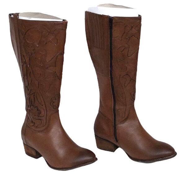 Roan Ellia Tan Brown Floral Top Stiched Tall Leather Western Cowboy Boots 7.5 - Picture 3 of 10